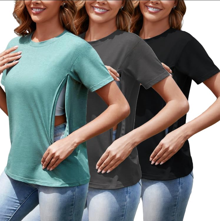 Women's Nursing Shirts for Breastfeeding with Hidden Zipper Short Sleeves 3 Pack Maternity Nursing Tops