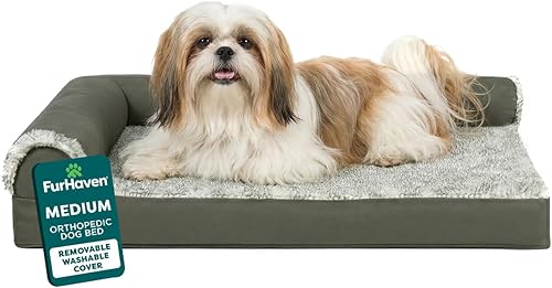 Miniatura 21 de Furhaven - Cama para perro de espuma ortopédica, estilo caja de huevos, estilo diván en forma de L, de felpa y estampado de almendras, almendras