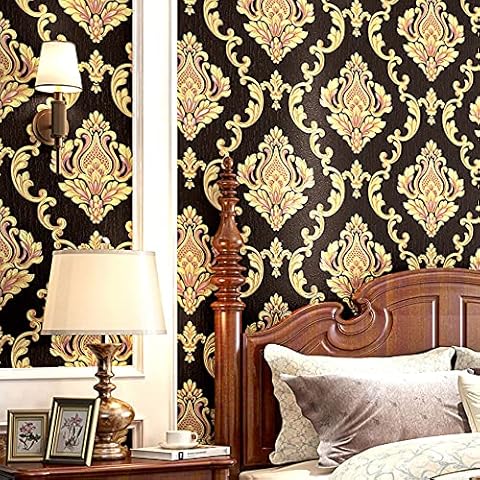 European Style Waterproof PVC Wallpaper 3D Embossed Damask Living Room Bedroom Sofa TV Background Wall Shop Decoration Hotel Beauty Salon 1.73'W x 32.8'L Non-Pasted (Dark Brown) Cover