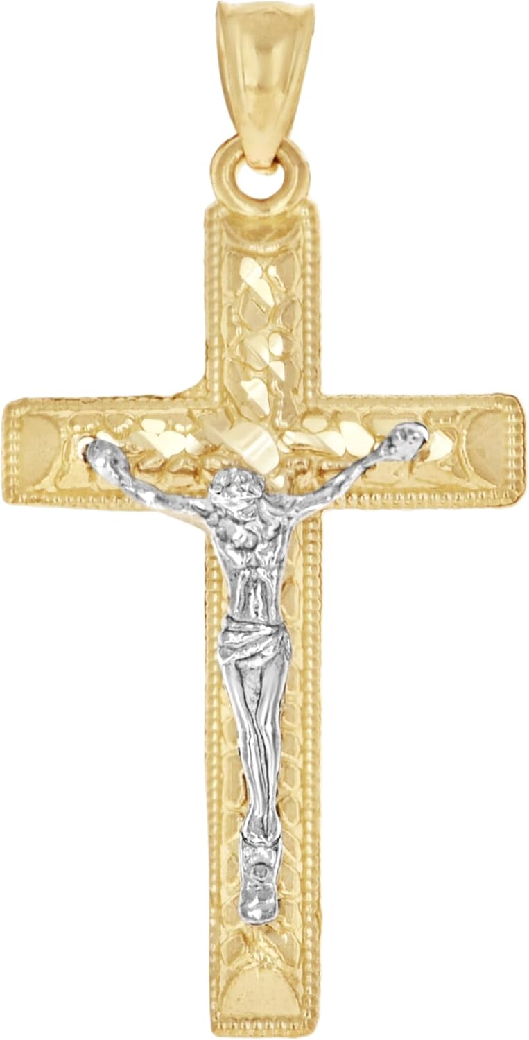 Jewels By Lux 10kt Two-Tone Gold Mens Women Nugget Textured Crucifix Cross Religious Charm Pendant