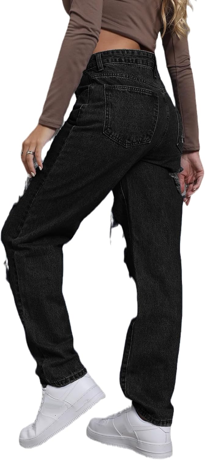 Giallino Women’s Pink Ripped High Waisted Jeans – Distressed Straight Leg Y2K Pants – Size M (Long Inseam)