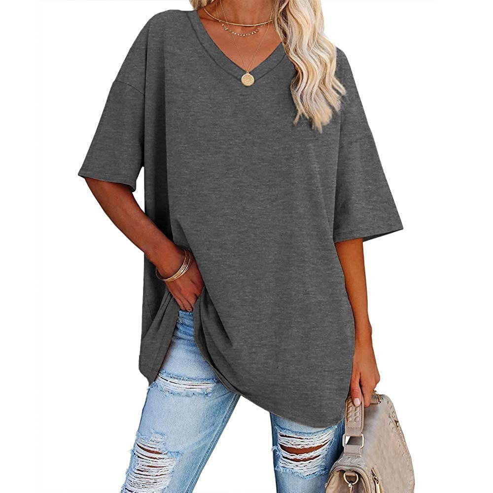 Women's Summer Tops V Neck Short Sleeve Blouse Shirts Summer Casual Loose Fit Cotton Tunic Tops Oversized