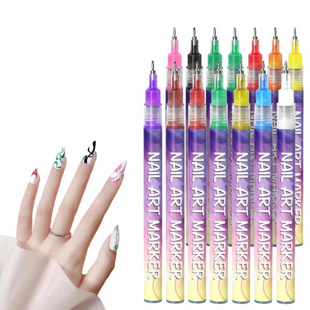 Azonee 12 Colors Nail Art Pens Set, Fine Tips 3D Nail Art Pens, Acrylic Paint Pens, Point Liner Pen, Drawing Painting Liner Brush for Home Salon, Quickly Nails Art Design Manicure Nail DIY Decoration