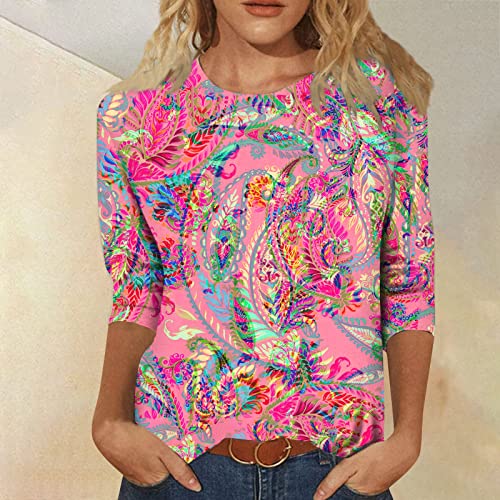 HTHLVMD Womens 3/4 Length Sleeve Tops 2025 Fall Fashion Floral Print Crewneck Causal Trendy Tunic Tops for Women