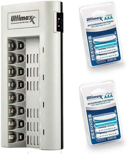 Ultimaxx Cargador con baterías, cargador de batería de 8 puertos y 2 pilas AAA de 1100 mAh (4 piezas) sin memoria, recargable, Ni-MH, baterías