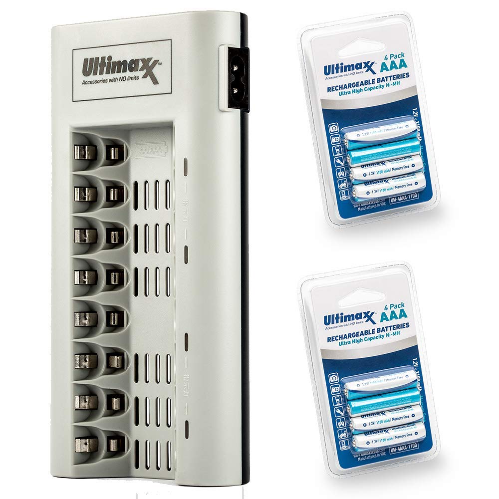 Ultimaxx Charger with Batteries – 8 Port Battery Charger and 2X AAA Batteries 1100mAh (4Pcs) Memory Free- Rechargeable, Ni-MH, Durable & Long-Lasting Batteries