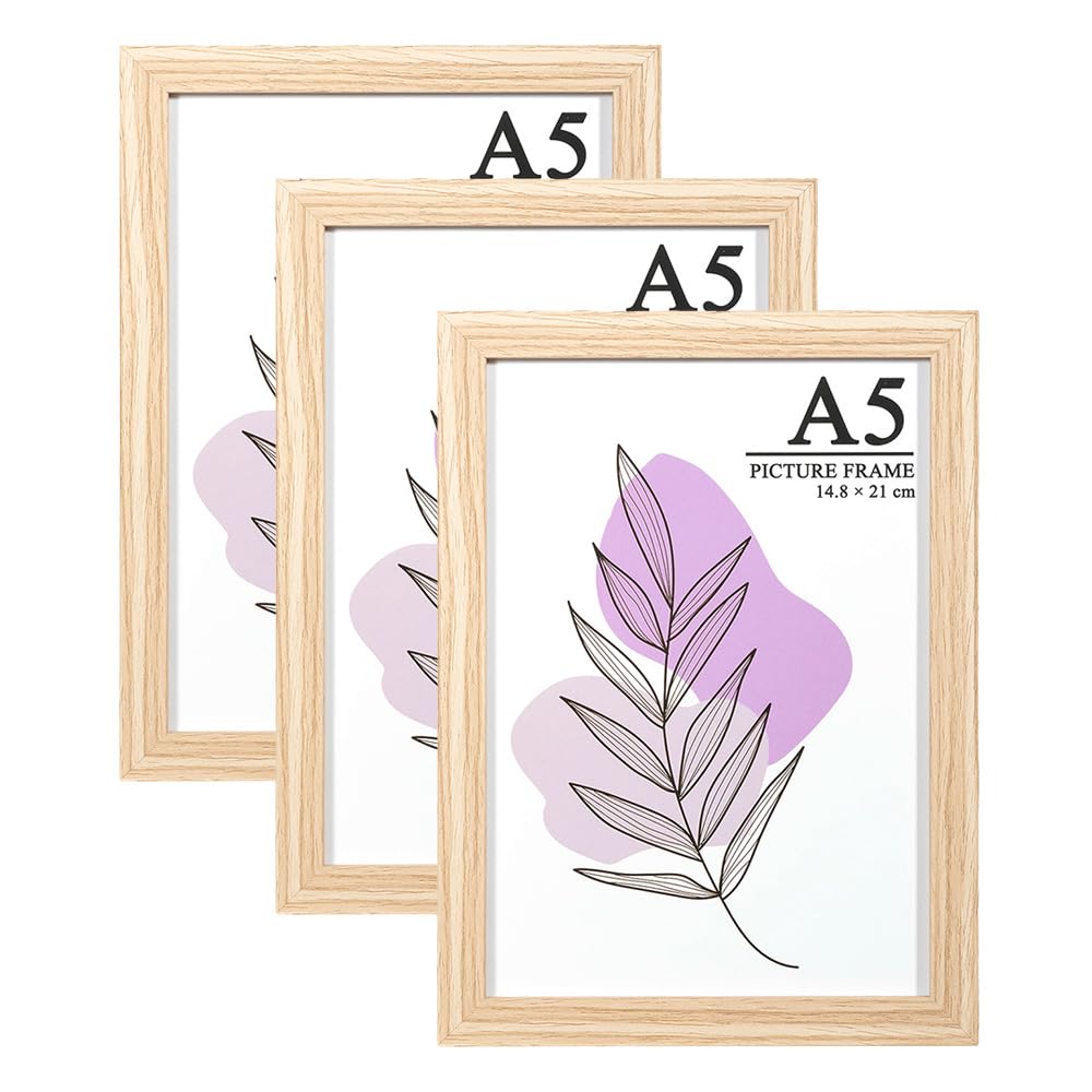 Baoee Oak Picture Frame A5 With Mount,Set Of 3,Photo Frame With Acrylic Glass,Certificate Frame,Freestanding And Wall Mountable