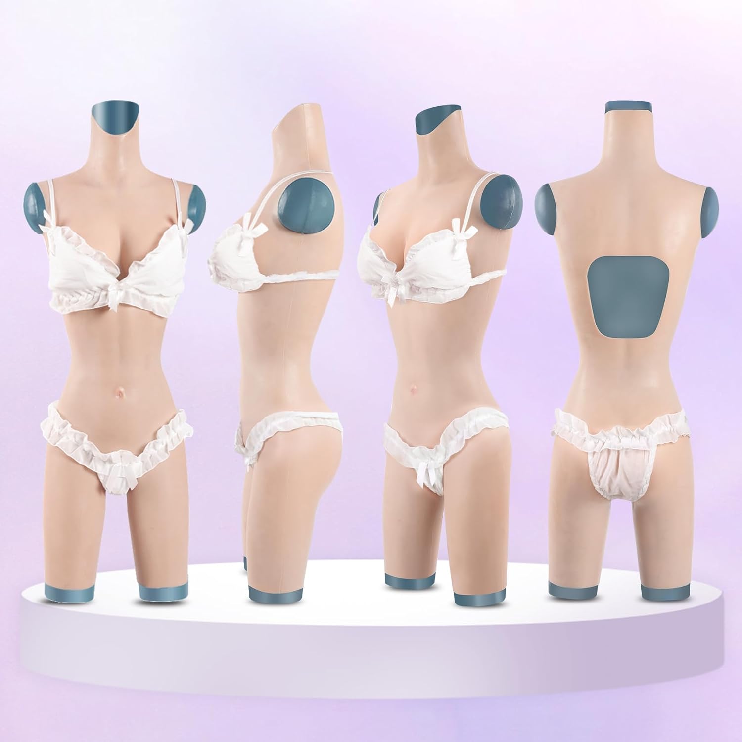 Silicone Knee Length Bodysuit for Crossdressers High Neck Realistic Silicone Breastplate Drag Crossdressing Pants (Ivory,A Cup S Gel Filler,Penetrable Canal Type)