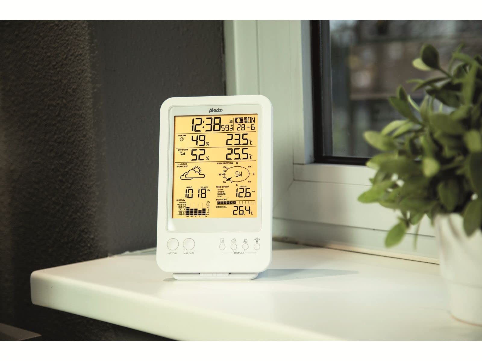 Alecto WS-4800 Wetterstation Funk mit Außensensor - Funkwetterstation - 5-in-1 - großes Display - speichert Messwerte - Funkuhr - Datumsanzeige - Mondphasen - weiß