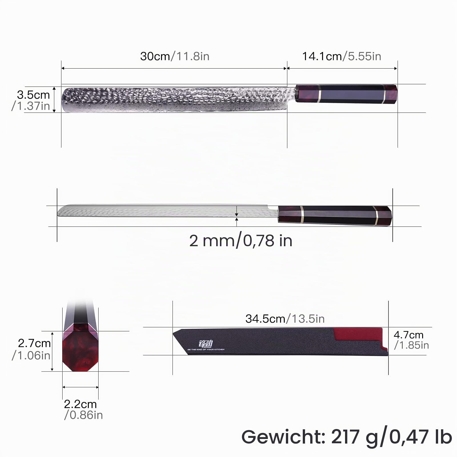 FINDKING Brisket Messer 30cm Damast Fleischmesser mit ABS Scheide Eternity | 9Cr18MoV Damaststahl, Harzgriff achteckig, Eternity Serie, BBQ Messer, Tranchieren, Fleisch schneiden, Grill
