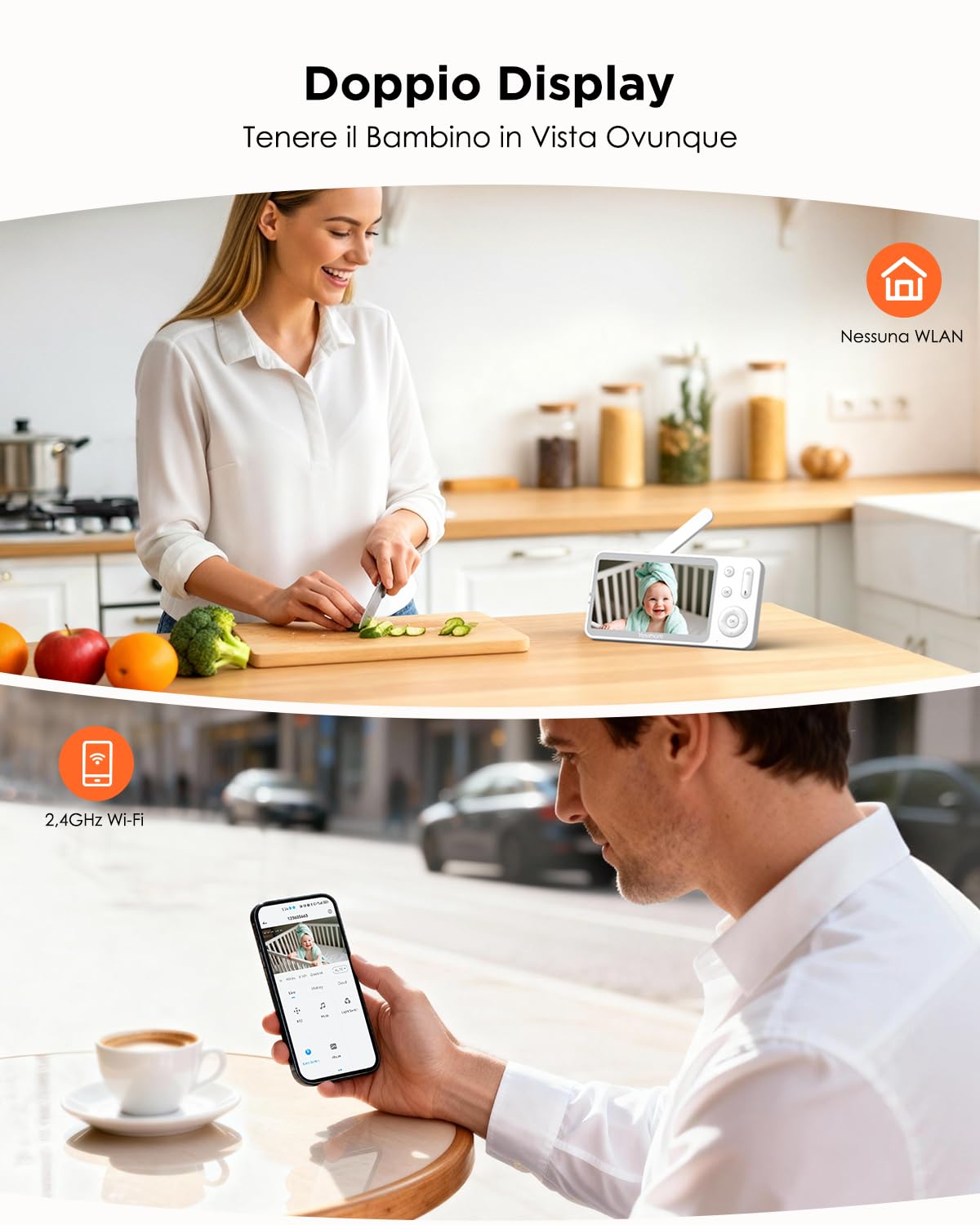 YESIMOM Baby Monitor, Versione Aggiornata 2K Telecamera Bambini con Monitor 5'' IPS Schermo, Controllo Tramite APP Mobile & Monitor, 360°PTZ, 3000mAh Batteria Ricaricabile, AI Intelligente