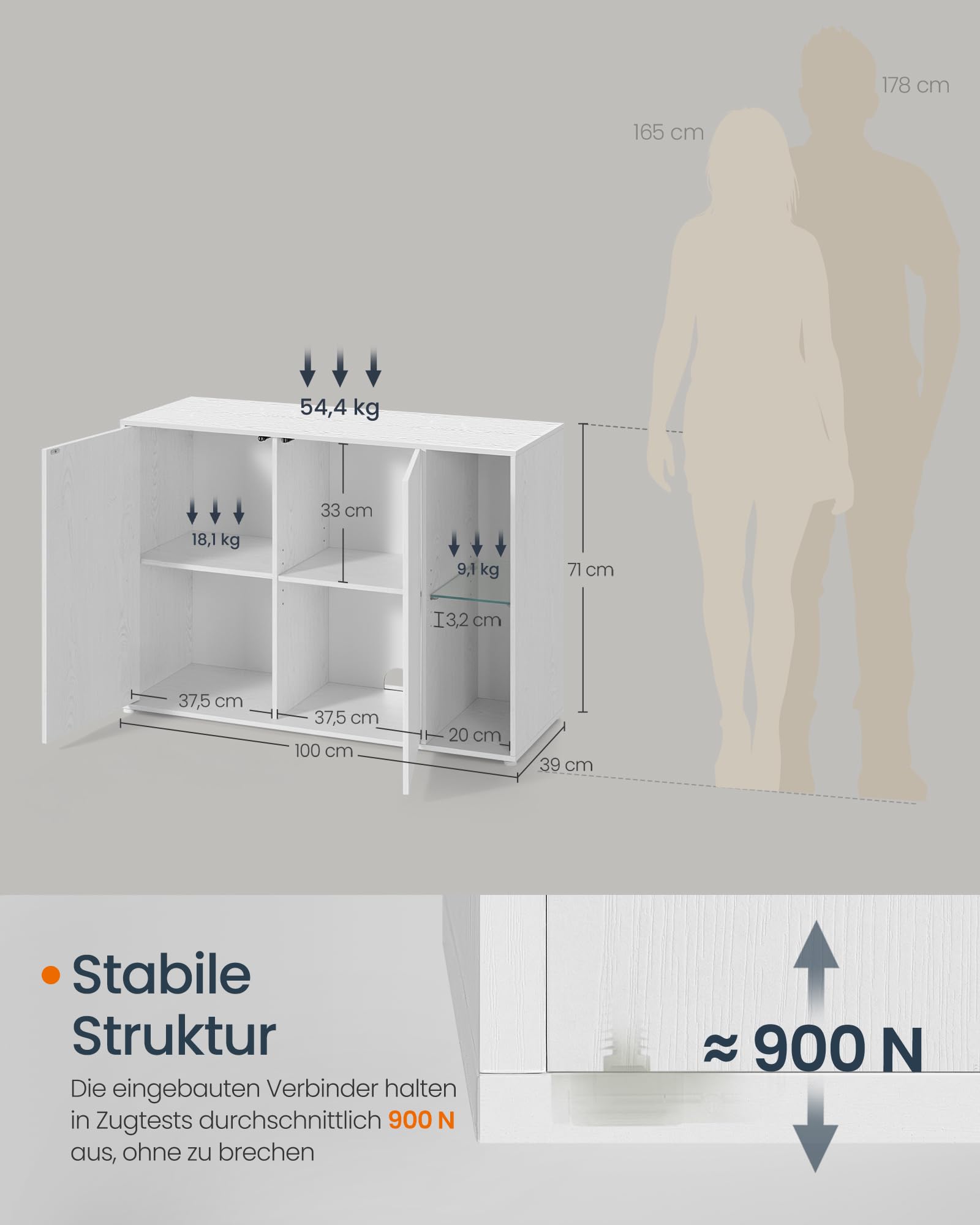SONGMICS HOME Sideboard, superschnelle werkzeuglose Montage, Toolless-Technologie, Aufbewahrungsschrank Wohnzimmer, TV-Schrank mit LED-Beleuchtung, verstellbare Ablagen, Modern, schneeweiß BBK372W01