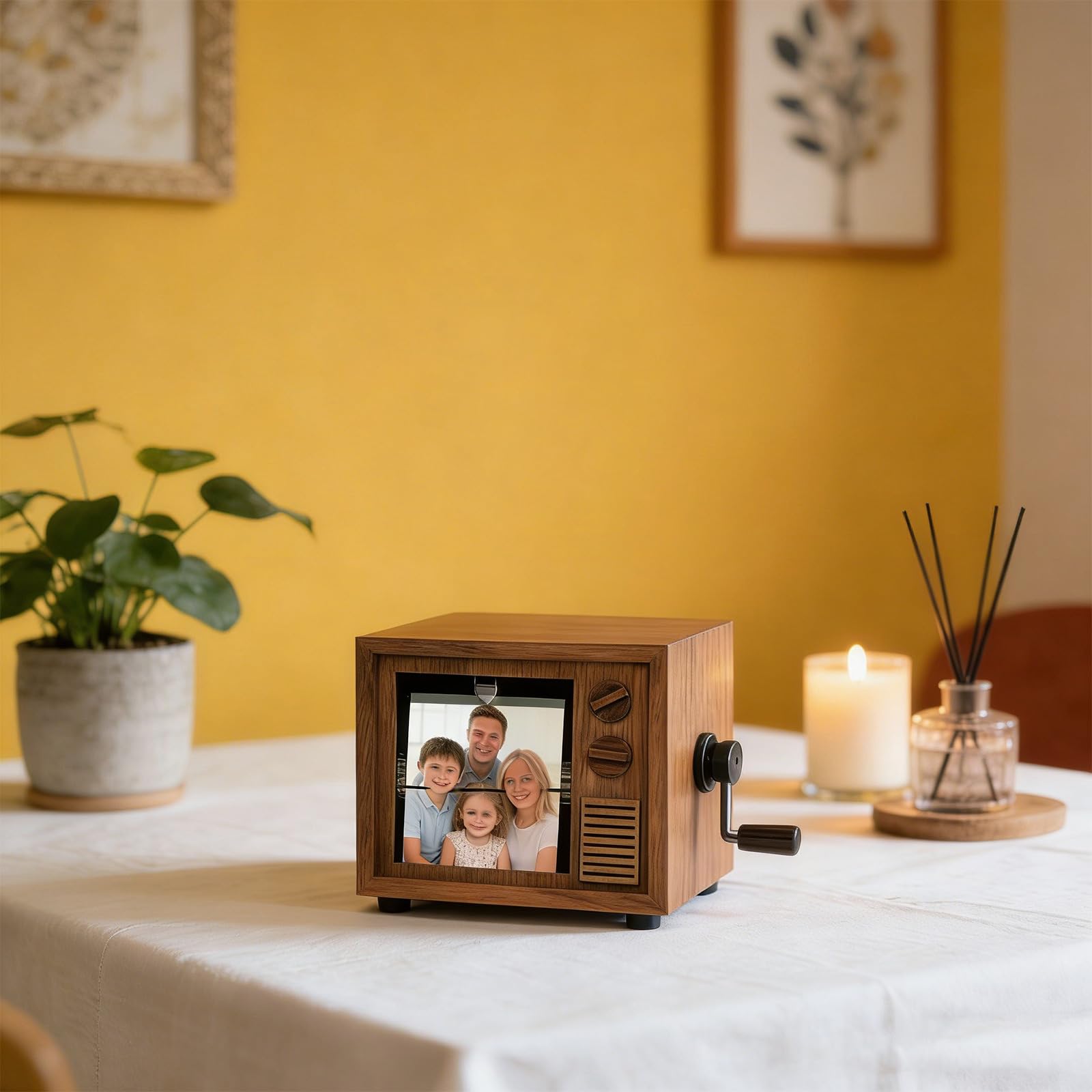 Tragbare Spieluhr aus Holz, handgekröpft, mit 16 Fotos drehbar und leuchtendem Licht für Hochzeit, Event, Hochzeit