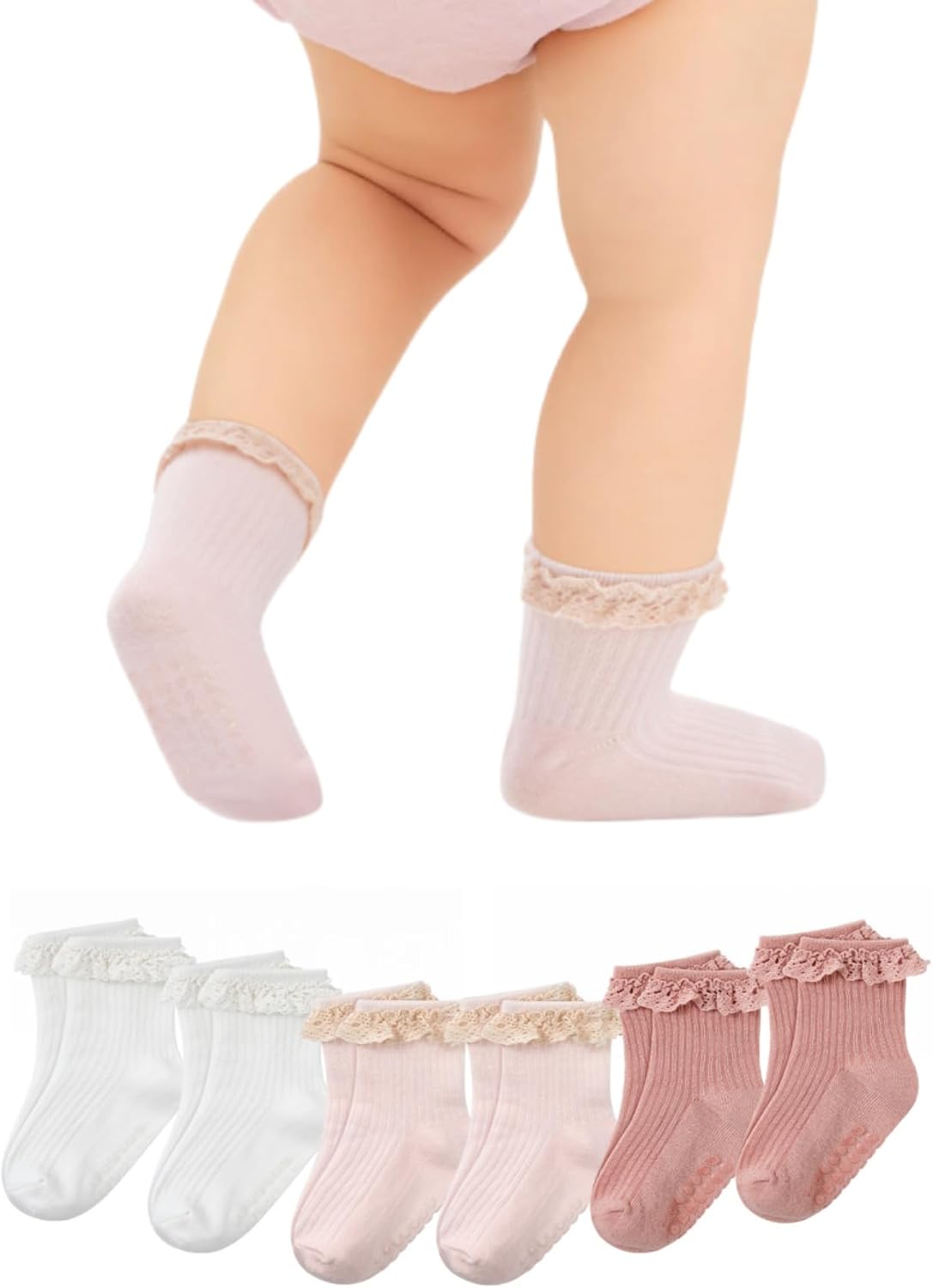 Zando Toddler Girls Non-Slip Ruffle Socks with Grippers Soft Cotton Seamless Ankle Socks for Baby Girls 0-5T