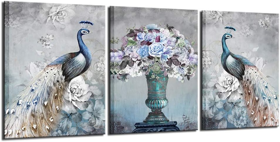 Nachic Wall- Canvas Prints Wall Art Blue Peacock Elegant Flower Painting Giclee Print on Canvas Stretched and Framed Vintage Home Office Living Room Bedroom Decor Artwork Set of 3
