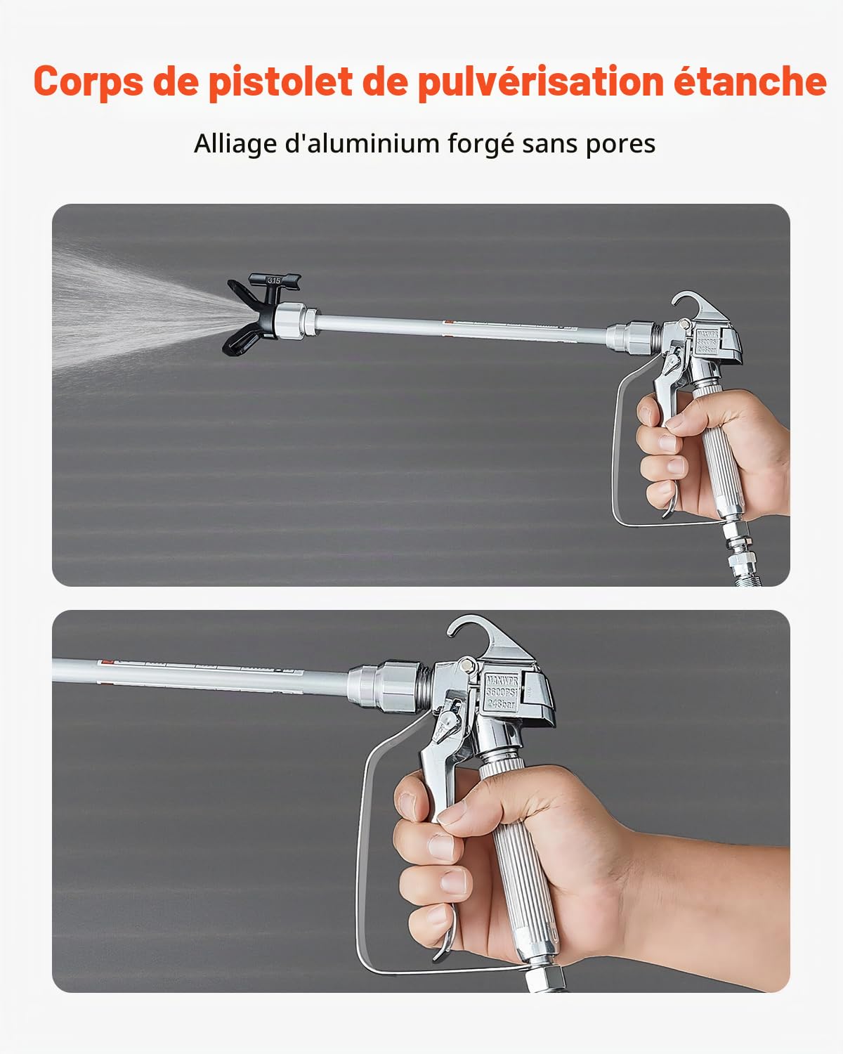 VEVOR Kit Pistolet pulvérisateur Peinture sans air et Tuyau, 248 Bar, Ensemble tuyaux pulvérisation de Peinture Haute Pression avec 5 Embouts, Joint pivotant, avec filtres, Tuyau et tiges d'extension