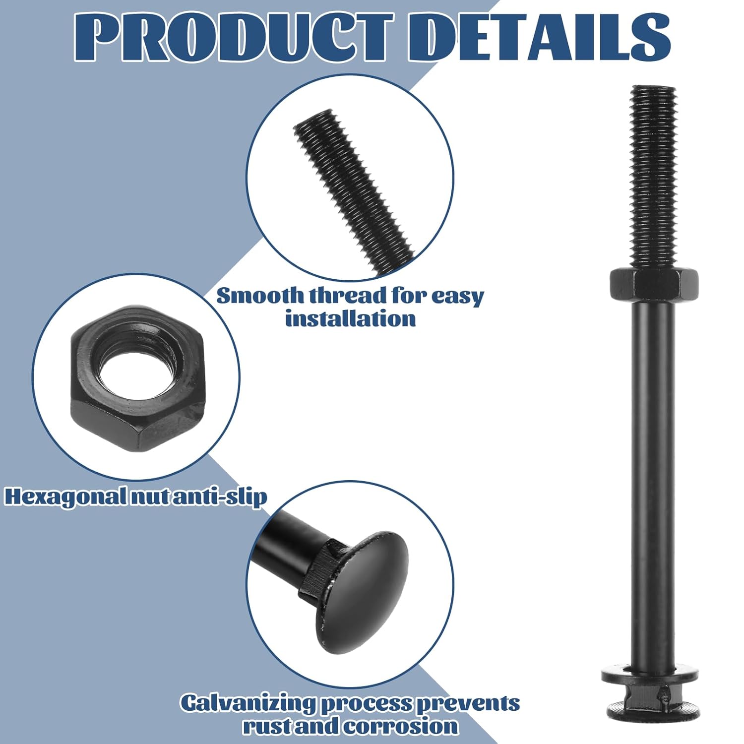 JMIATRY 20 Set 1/2 x 6 Inch Black Carriage Bolt Kit 1/2 x 6 Inch Galvanized Carriage Bolt Set for Fastening Accessories, Includes 20 Bolts, 20 Washers, and 20 Nuts (1/2” Dia, 6” Length)