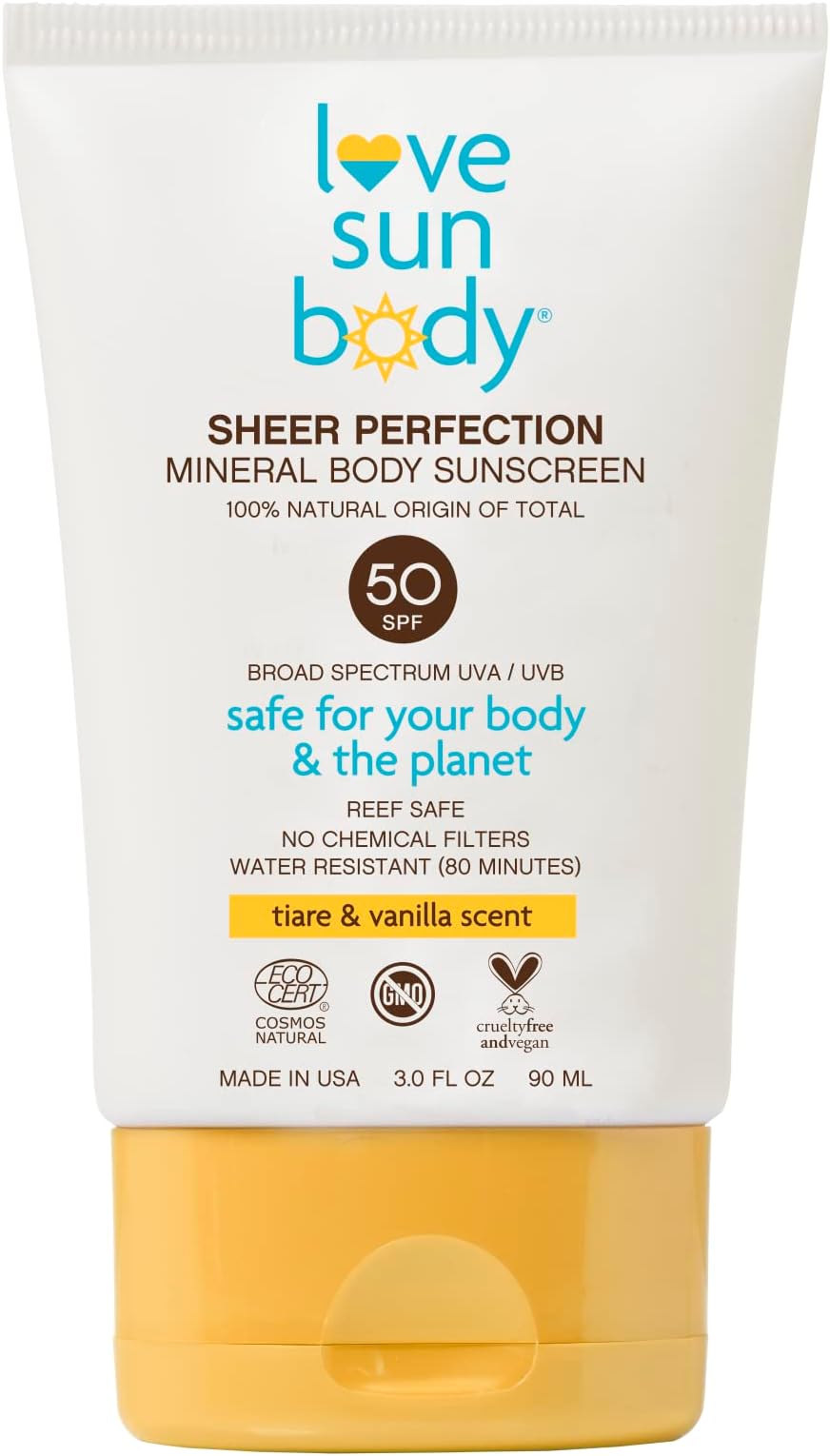 Love Sun Body 100% Natural Origin Sheer Perfection Mineral Body Sunscreen SPF 50 Broad Spectrum Tiare & Vanilla Scent, Sensitive Skin, Travel Size, Reef Safe, Cosmos Natural