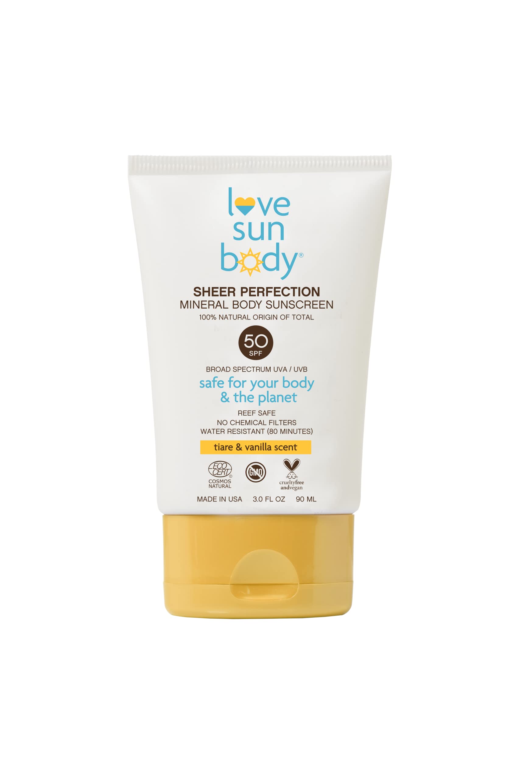 Love Sun Body 100% Natural Origin Sheer Perfection Mineral Body Sunscreen SPF 50 Broad Spectrum Tiare & Vanilla Scent, Sensitive Skin, Travel Size, Reef Safe, Cosmos Natural