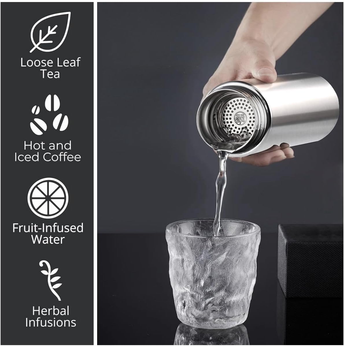 Insulated Water Bottles- Vacuum Tumbler for Coffee, Tea and Drinks with Stainless Steel Infuser - 15 oz Tea Thermo Travel Bottle/Keeps Drinks Hot or Cold for Hours/Gift Packing (Silver) - Image 4