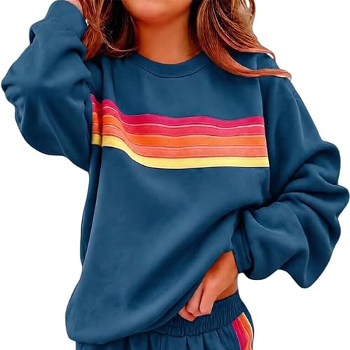 Women's Crew Neck Sweatshirt Fashion Rainbow Stripe Color Block Long
