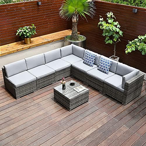 YITAHOME 8 Pieces Patio Furniture Set, Outdoor Sectional Sofa PE Rattan Wicker Conversation Set Outside Couch with Table and Cushions for Porch Lawn Garden Backyard, Grey