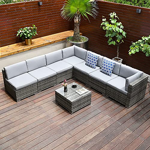Yitahome 8 Pieces Patio Furniture Set, Outdoor Sectional Sofa Pe Rattan Wicker Conversation Set Outside Couch With Table And Cushions For Porch Lawn Garden Backyard, Grey #TOP9