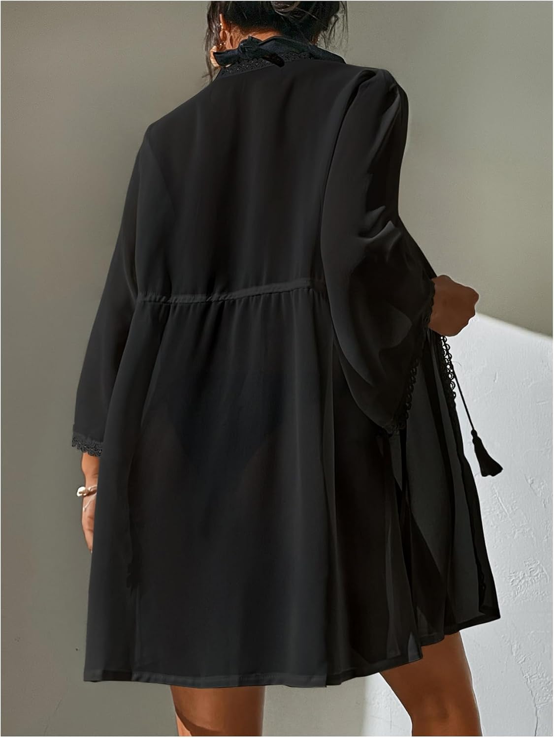 SHENHE Women's Beach Kimono Swimsuit Cover Up Tassel Tie Front Lace Trim Flowy Beach Coverups - Image 3