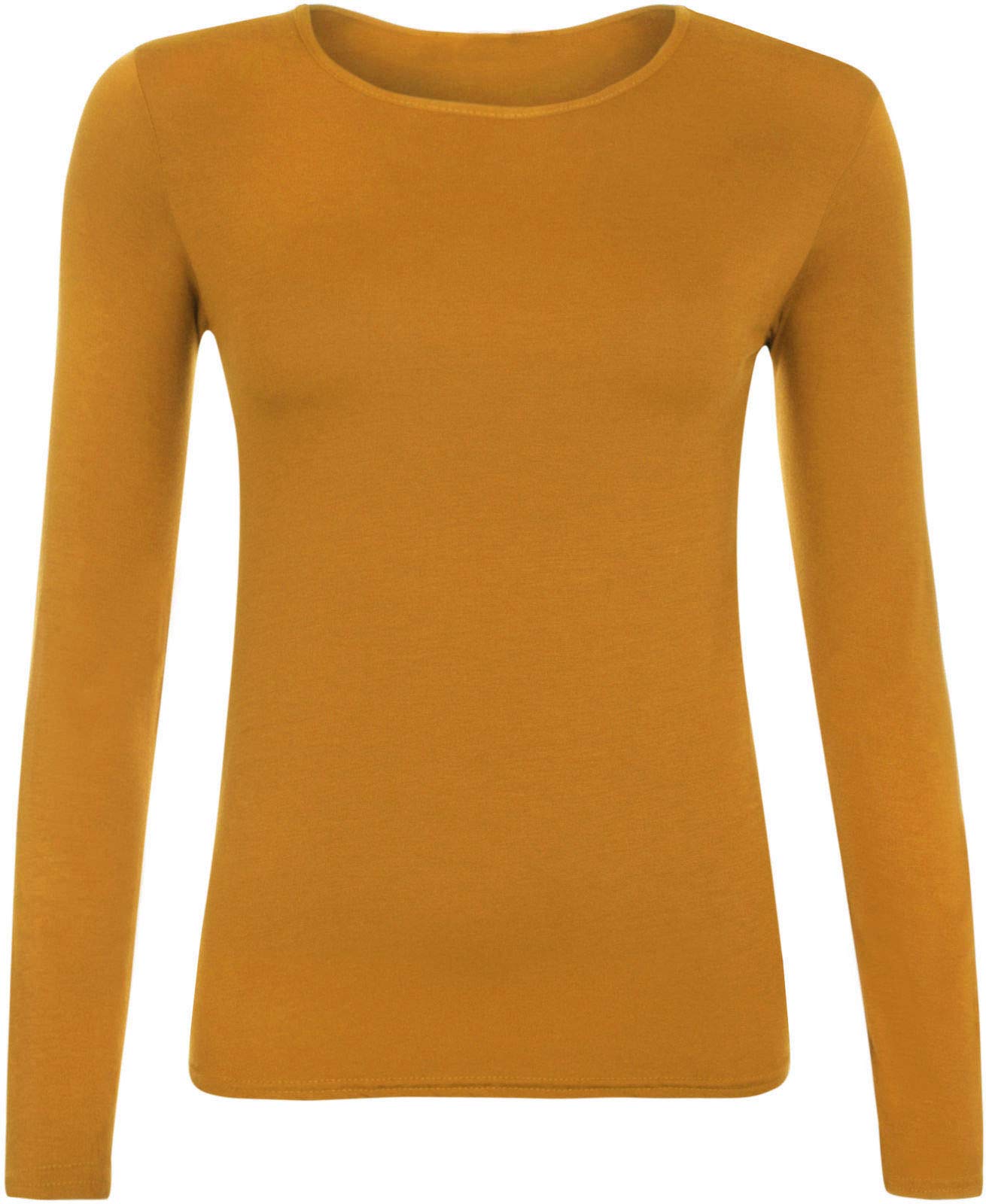 Ladies Women Basic Long Sleeve Plain Round Neck Ladies Stretch Plus Size Top T Shirt (Mustard, UK S/M)