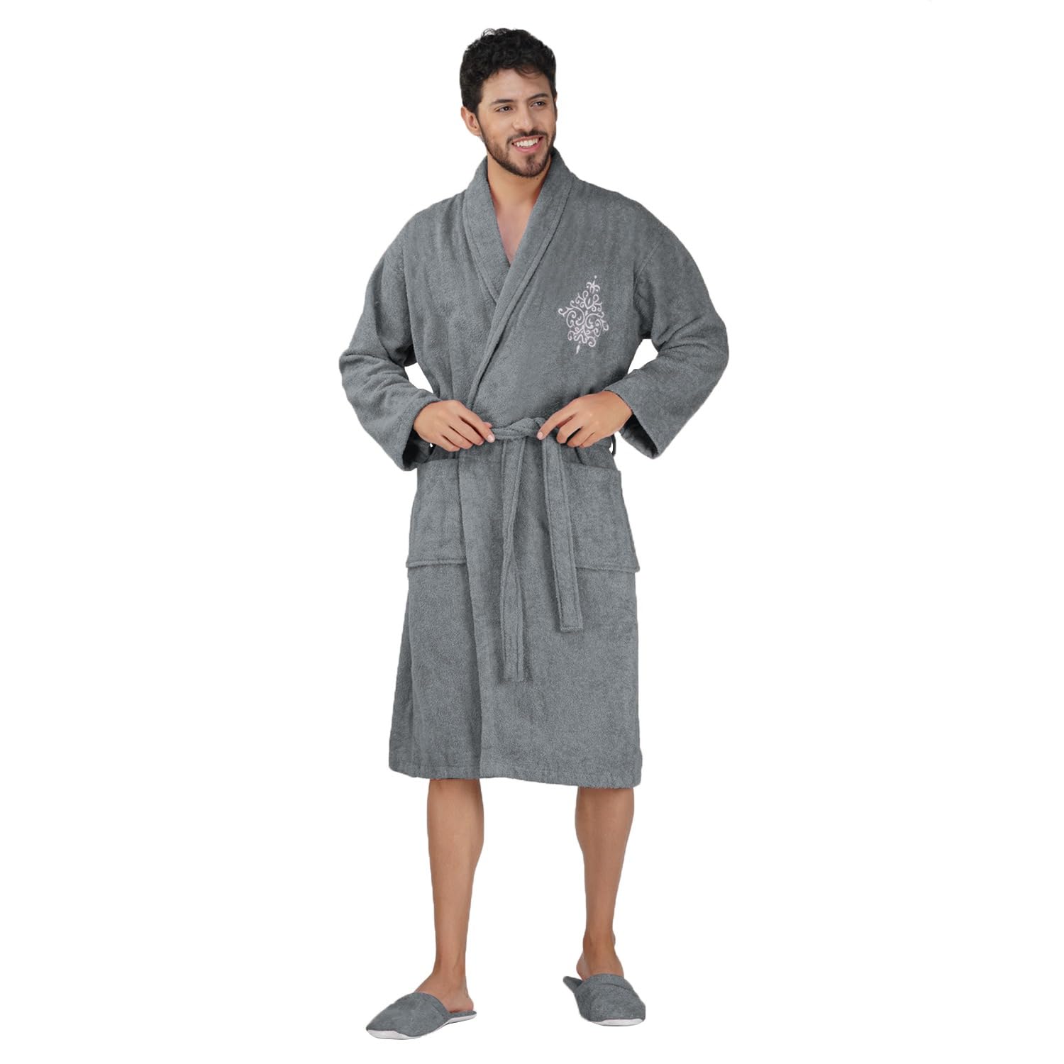 Rangoli Royal Bamboo Premium Bathrobe For Men | Ultra Soft Bamboo Yarn Lightweight Bathing Robes | 460 GSM Highly Absorbent & Quick Drying Luxurious Bath Gown | Knee Length Bath Robe -Dark Grey