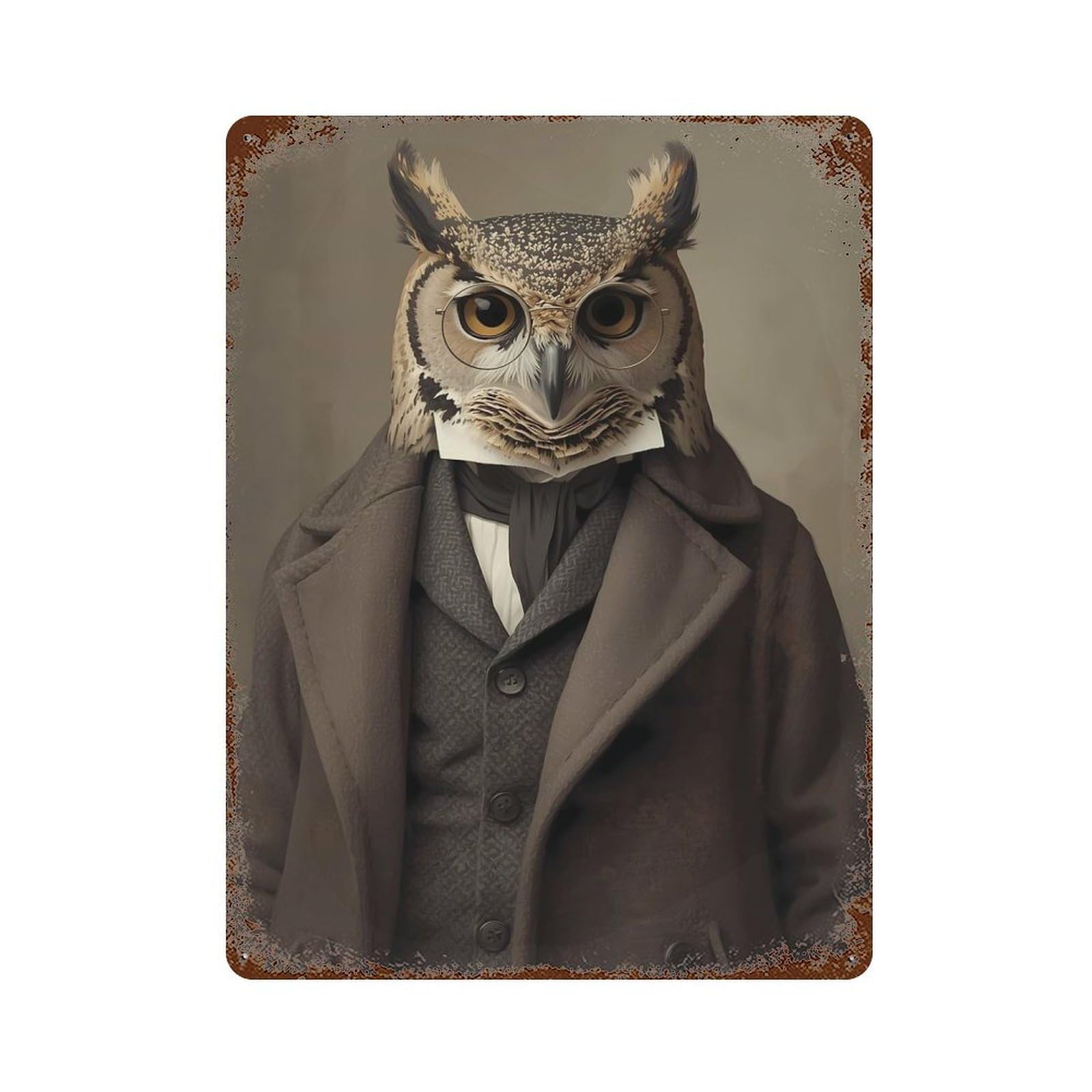 Anthropomorphic Owl Portrait in Formal Attire Retro Metal Sign 15.7"x11.8", Farmhouse Wall Decor for Cafe, Home Bar And Lounge Decor