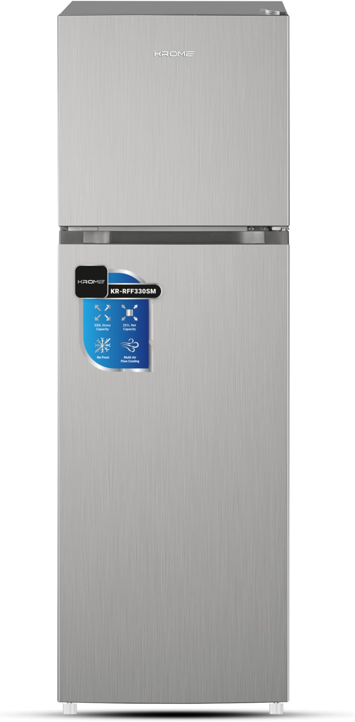 KROME 330L Gross,Double Door Top Mounted Refrigerator with Multi Air Flow System,No-Frost Cooling with Electronic Touch Temperature Control,Door Alarm,Silver,10 Year Compressor Warranty - KR-RFF 330SM