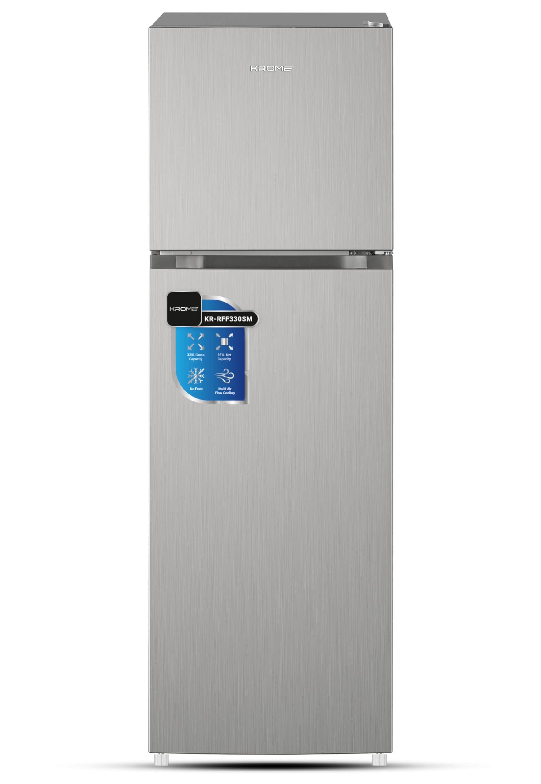 KROME 330L Gross,Double Door Top Mounted Refrigerator with Multi Air Flow System,No-Frost Cooling with Electronic Touch Temperature Control,Door Alarm,Silver,10 Year Compressor Warranty - KR-RFF 330SM
