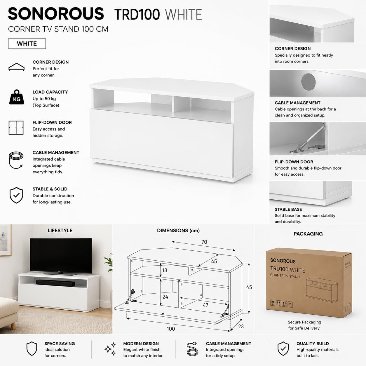 RO&CO Sonorous TRD100 Wht | Mueble TV Esquinero Blanco 100 cm | Diseño Moderno para Salón | Puerta Abatible Blanca con Almacenamiento Oculto | Soporta hasta 40 kg | Mueble para Televisor de Esquina.