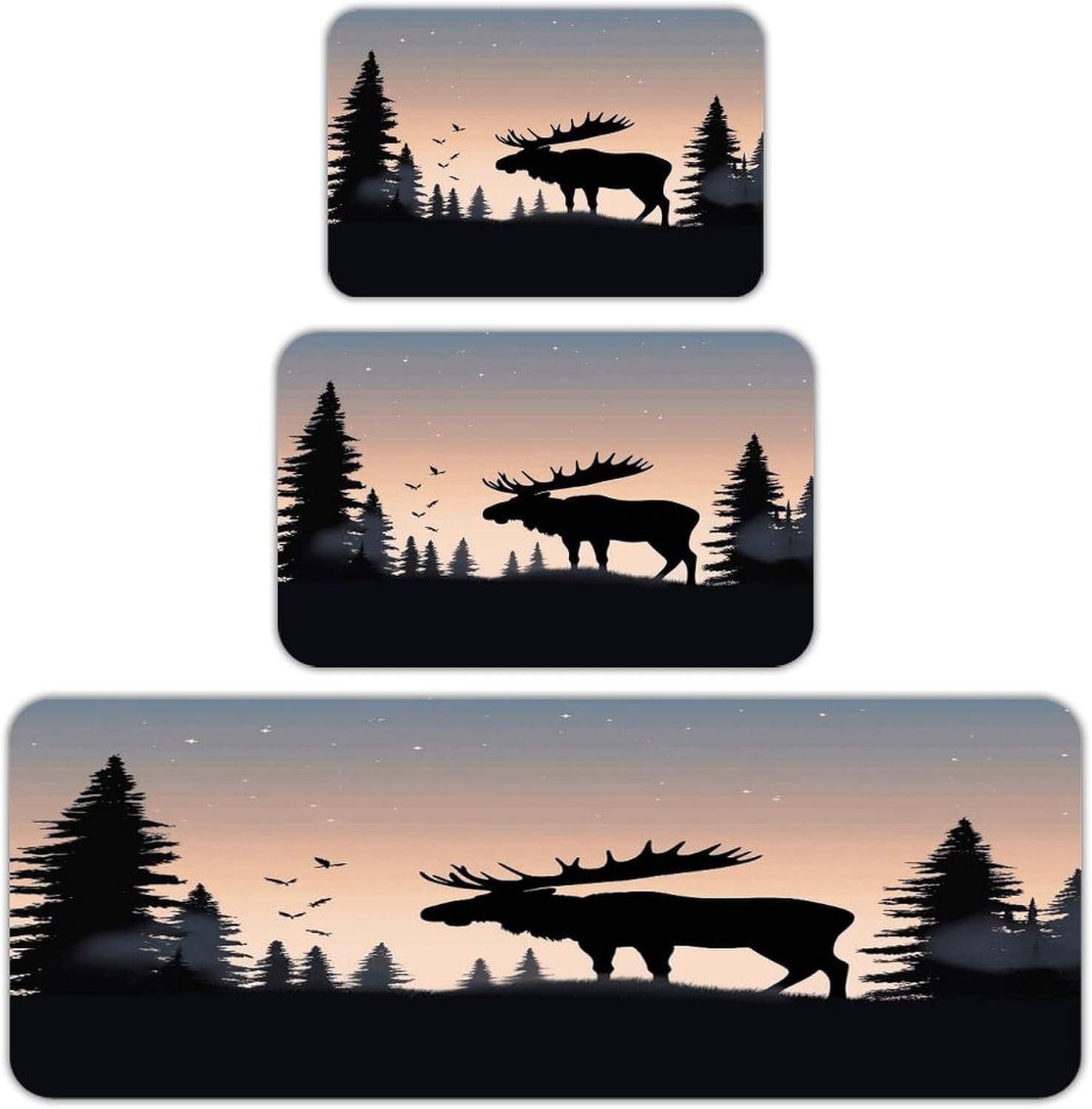 Moose Mountain Pine Tree Wilderness Kitchen Mats Soft Absorbent Rugs for Floor Non Slip Washable Kitchen Mats Fashion Rectangular Rugs for Three-Piece Set for Laundry Office Home Sink