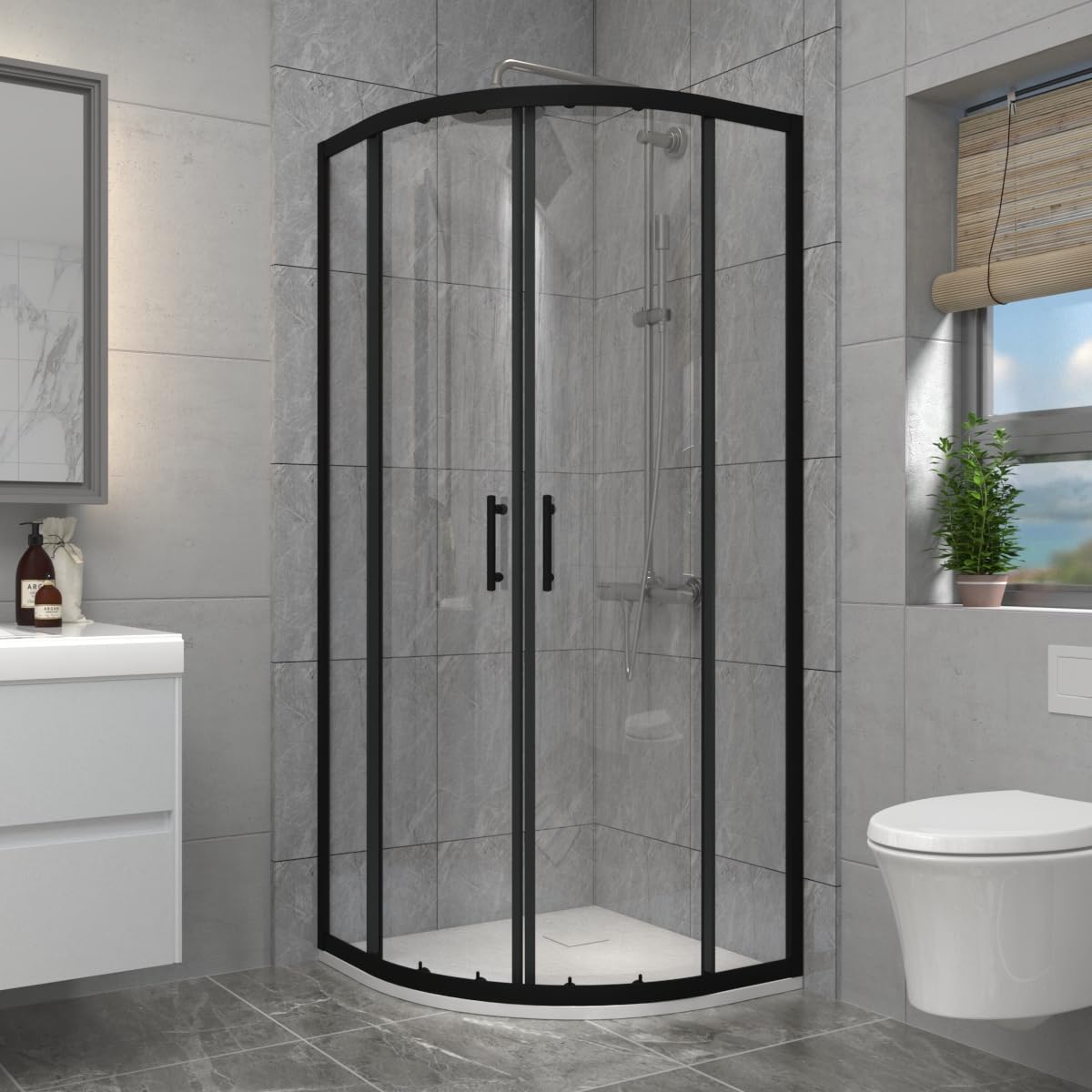 Aquariss 1000X1000mm Black Framed Quadrant Shower Enclosure Cubicle 6Mm Glass Sliding Tempered Glass Door