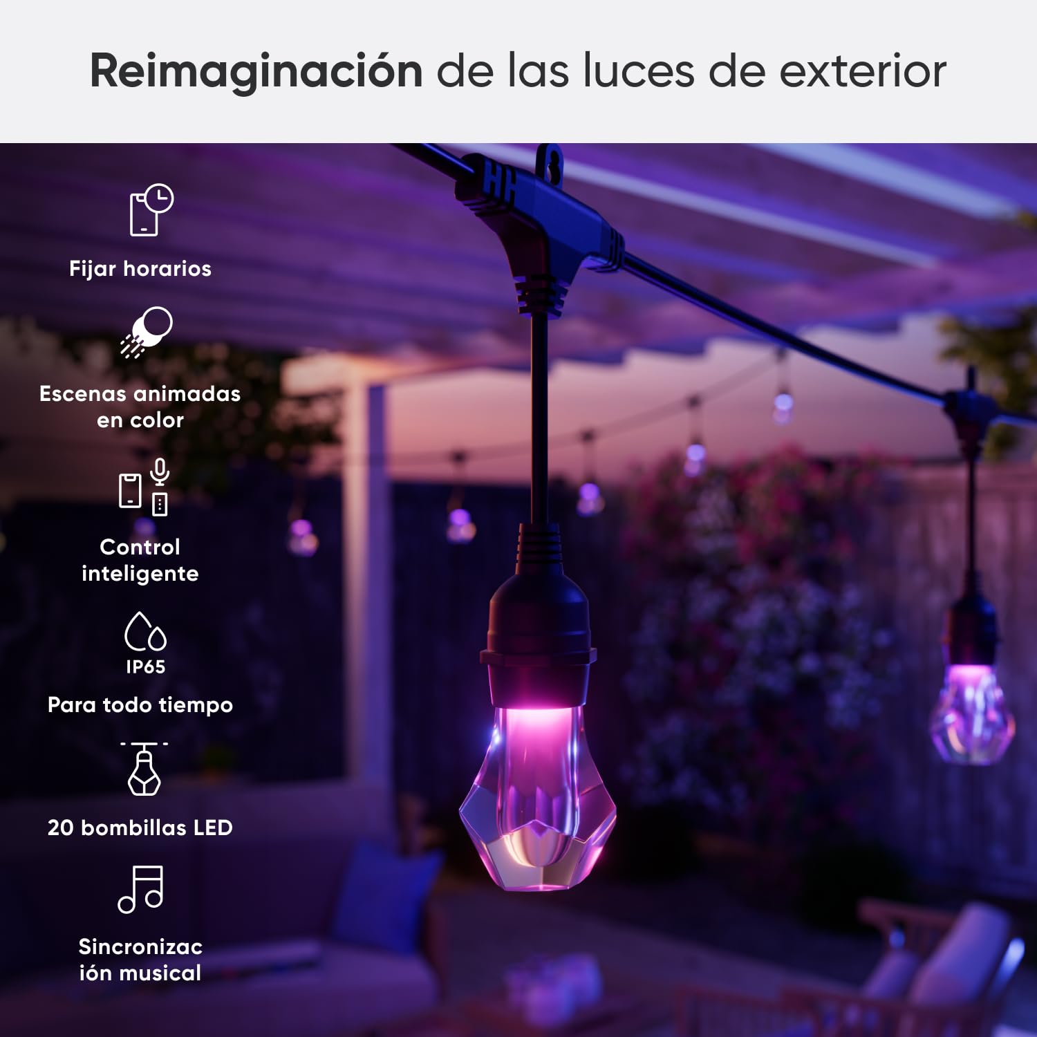 Nanoleaf Matter Essentials, Guirnalda Luces Exterior Starter Kit 30M LED RGBICW - Luces Led 16M Colores, IP65 Impermeable, 40 bombilla inteligente LED, WiFi Bluetooth Matter, para Jardin Terraza