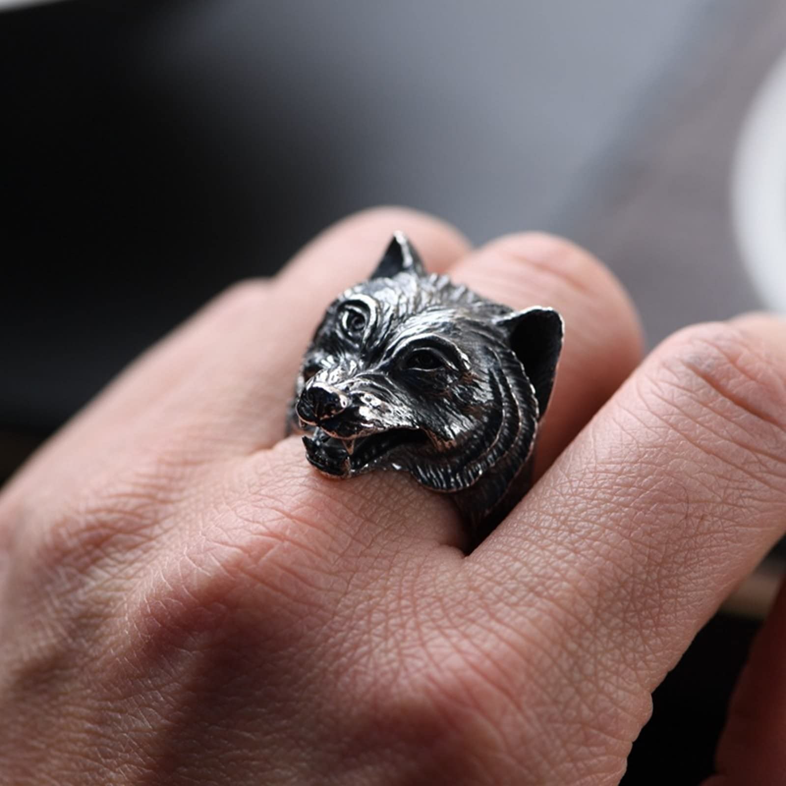 AMDXD Sterlingsilber S925 Ringe, Wolf Kopf Eheringe Männer für Herren, Gothic Vintage Punk Ring, Silber, Echtsilber