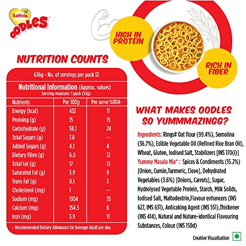 Image of Saffola Oodles, Instant Noodles, Ring Shape, Yummy Masala Flavour, No Maida, Whole Grain Oats, Snackpack Offer, Bowl and Spork, 14 x 53 Grams Pouch (14 Serves), Small