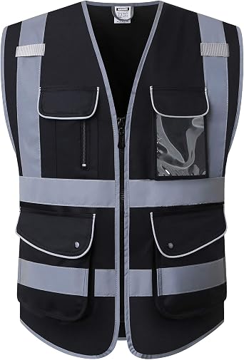 Class 2 Retro-Reflection Safety Vests 9 Pockets and Front Zipper ANSI/ISEA 107-2015 Black-03, X-Large