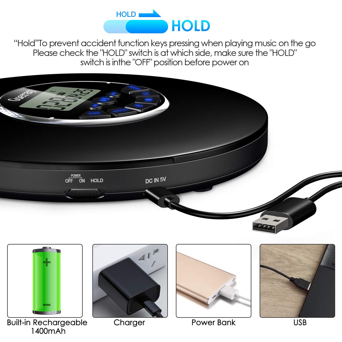 Gueray Portable CD Player Bluetooth Rechargeable CD Walkman 1400mAh