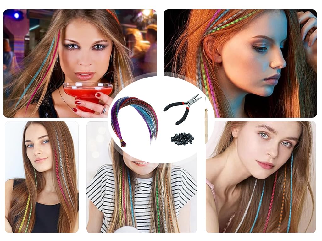 Federhaarverlängerungs-Set,50 Stück Feder Extensions Strähnchen Bunt,Bunte Haarverlängerungs Set mit 100 Silikonring,Zange und Häkchen,Haarschmuck für Barparty,Halloween,Cosplay