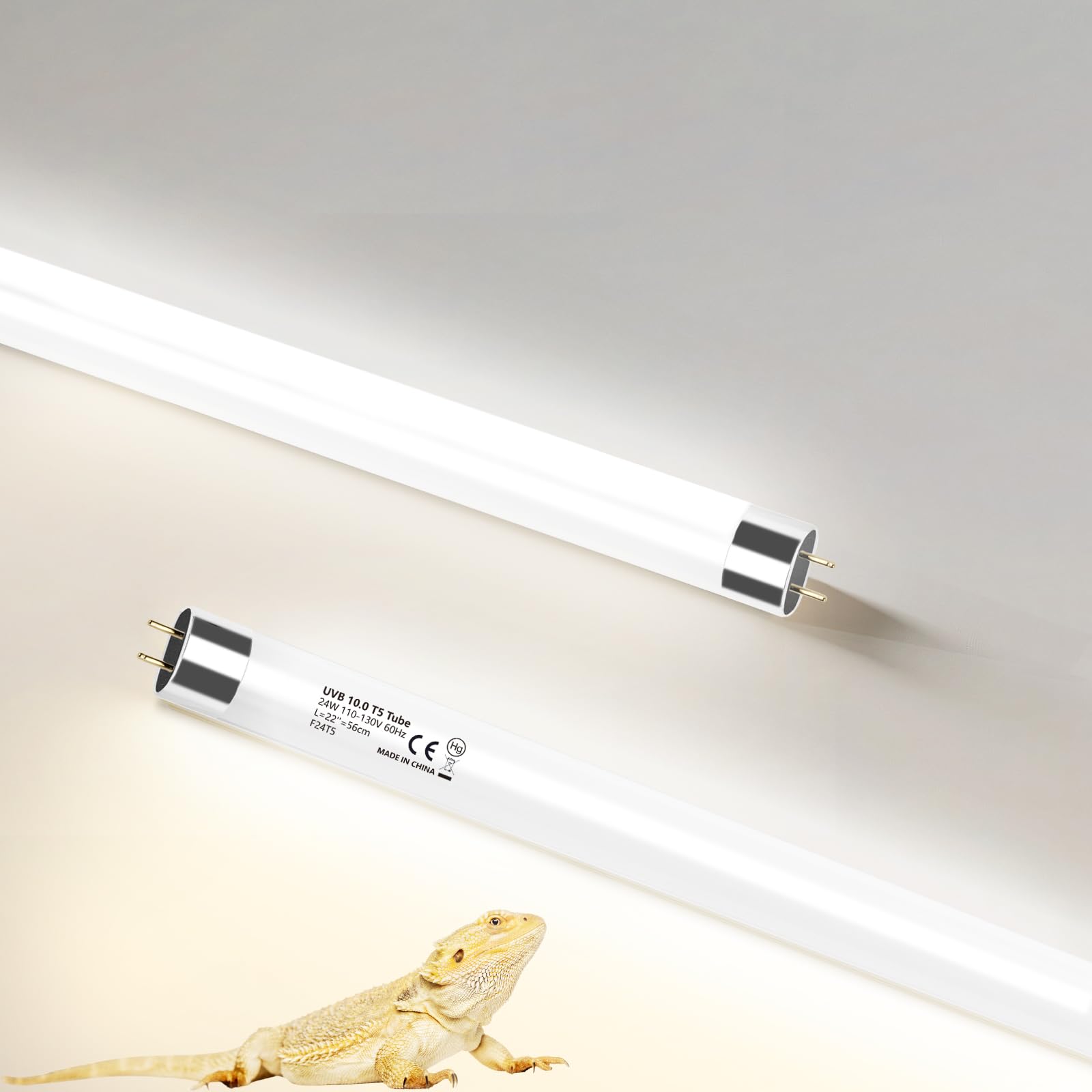 2 Pack T5 HO 10.0 UVB Reptile Bulb 24W, 22-Inch UVA UVB Light for Reptiles, Fluorescent Lamp Tube for Bearded Dragons, Turtles, Chameleons, Lizards, Tropical Desert UVB Lighting