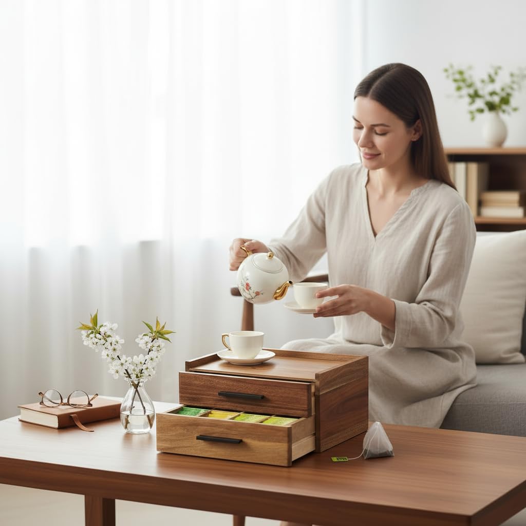 Teebeutel-Organizer aus Akazienholz mit Geschenkbox, Teebox mit doppelter Schublade, Teezubehör für Tee-Organizer und Aufbewahrungsbox, Teestation Truhe Caddy für Arbeitsplatte, Schrank, Büro (16