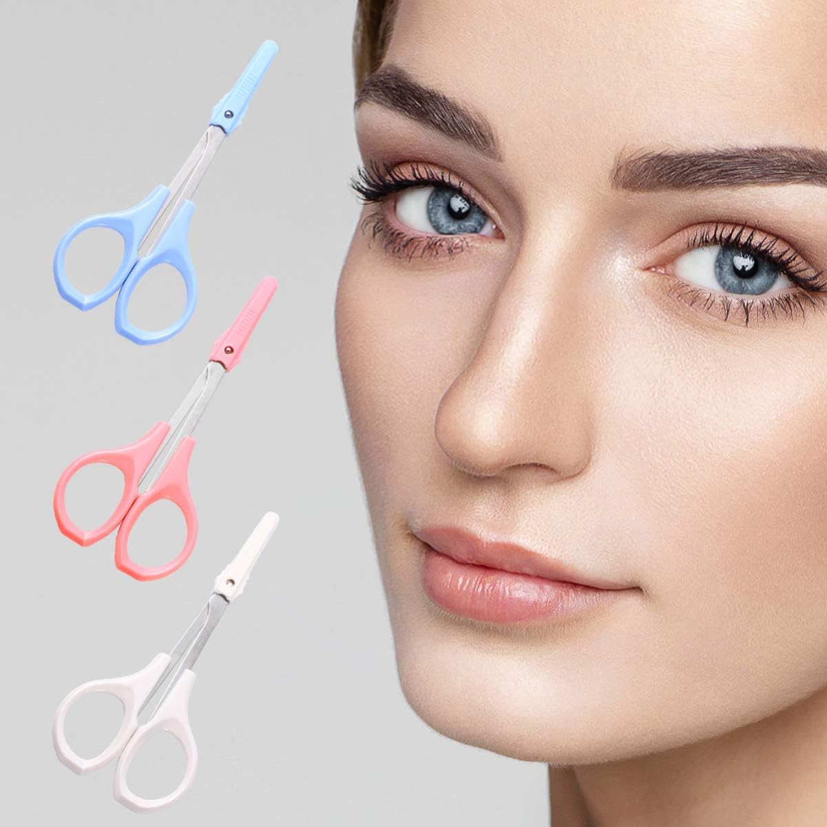 3pcs Stainless Steel Eyelash Scissors Portable Beauty Tools for Eyebrow Eyelash and Nose Hair Grooming Includes Pink Curved White Straight and Blue Rounded Scissors for Home and