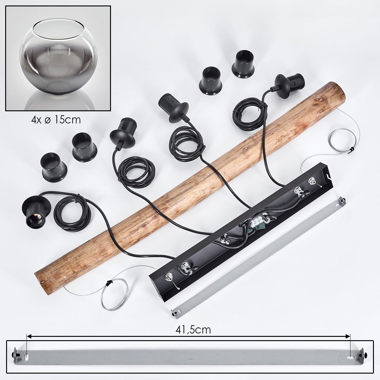 HOFSTEIN Pendelleuchte Koyoto, 4-flammige Hängelampe aus Metall/Holz/Glas in Schwarz/Natur/Rauch/Klar, Hängeleuchte mit Glasschirmen und Holzbalken, Höhe max. 150cm, E27, Esszimmer, Wohnzimmer, Küche