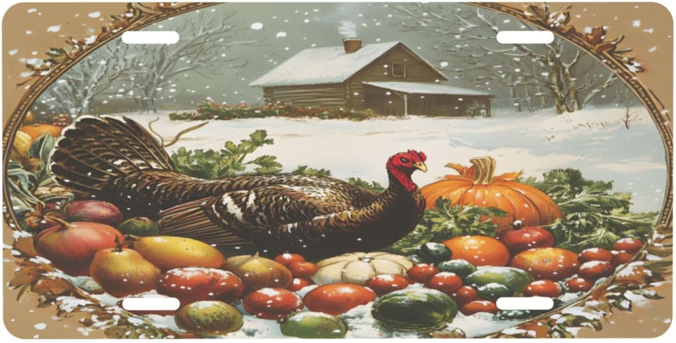 Front License Plate Thanksgiving Vintage Turkey Car Decor Accessory Aluminum Metal Decorative Car Plate Funny Novelty Vanity Tag with 4 Holes for