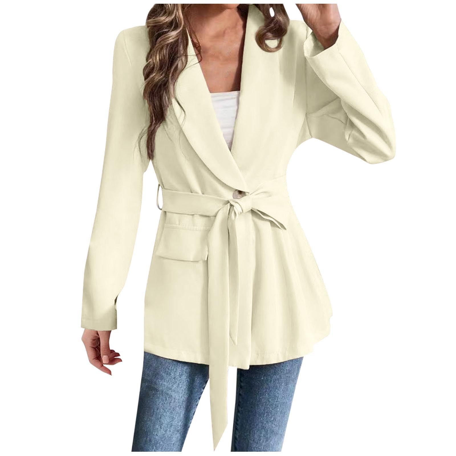Womens Belted Blazer Formal Work Business Trench Coat Lapel Long Sleeve Double Breasted Open-Front Suit Jackets