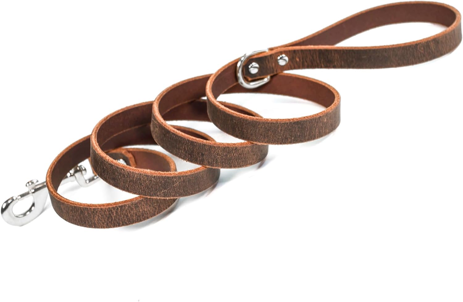 Handmade Bridle Leather Dog Leash, Nickel/Silver Tone Hardware (Distressed Brown)