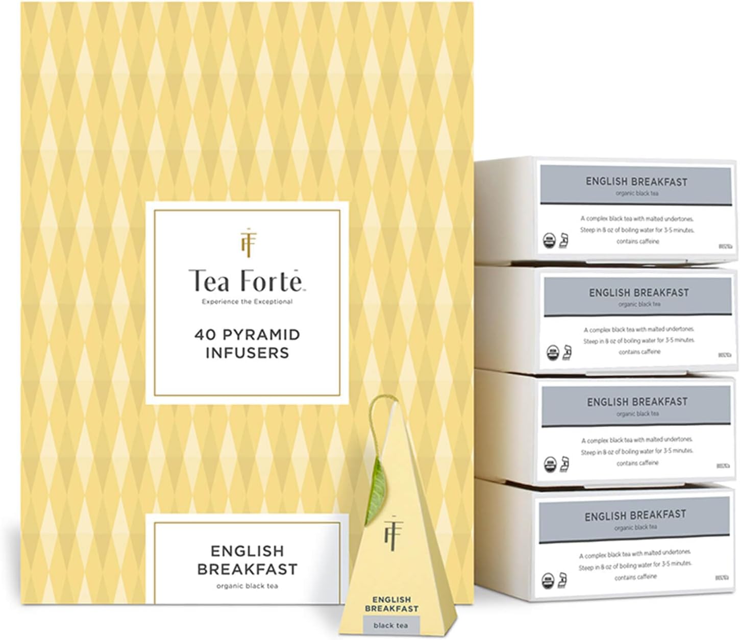Tea Forte English Breakfast Premium Organic Caffeinated Black Tea Blend Event Box, Bulk Pack 40 Count, 10 per tray Individually Wrapped Handcrafted Pyramid Infusers